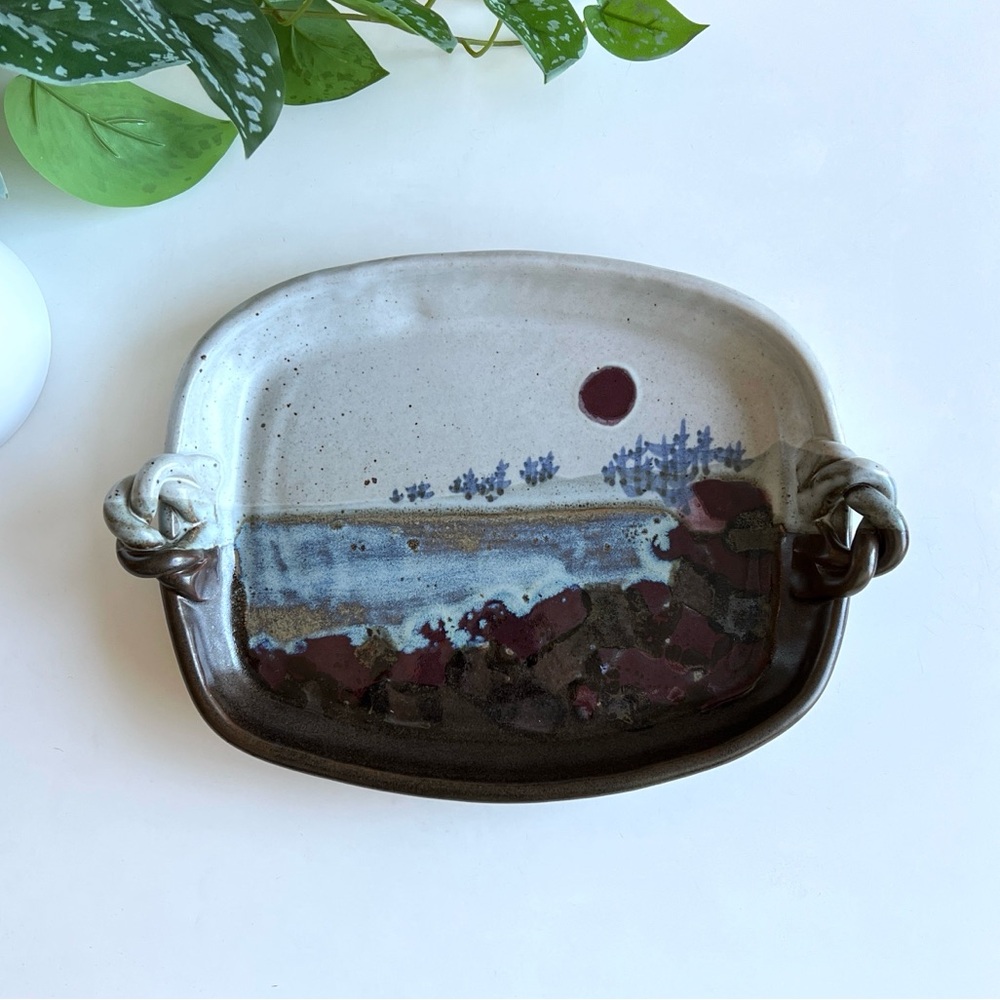 Painted Coastal Scene Handmade Pottery Tray Vintage